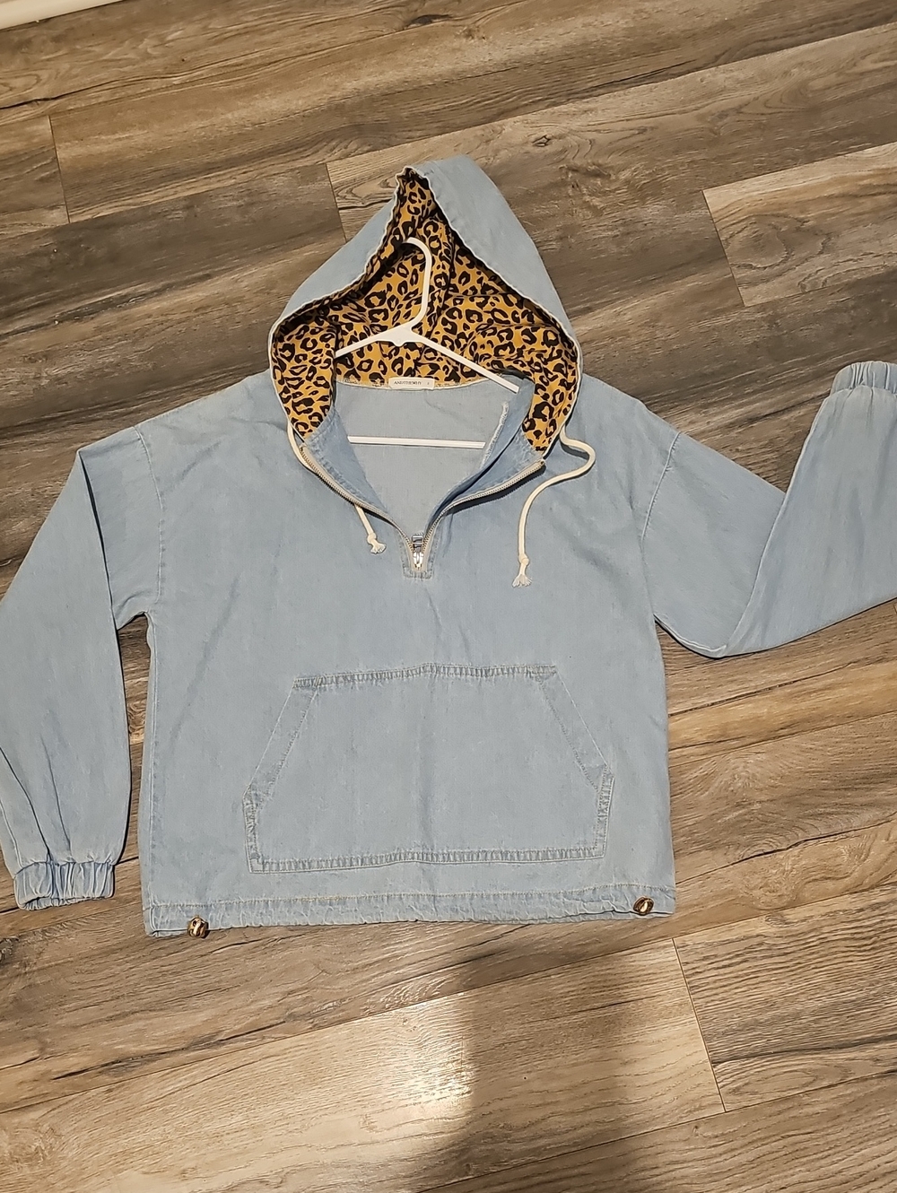 Light Wash Pullover Hoodie with Leopard Lining